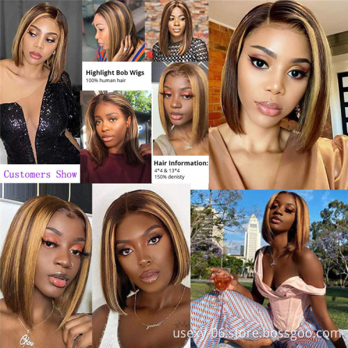 Weaves and wigs hd lace pre plucked wig human hair highlight 1b honey brown color straight bob human hair lace front wigs